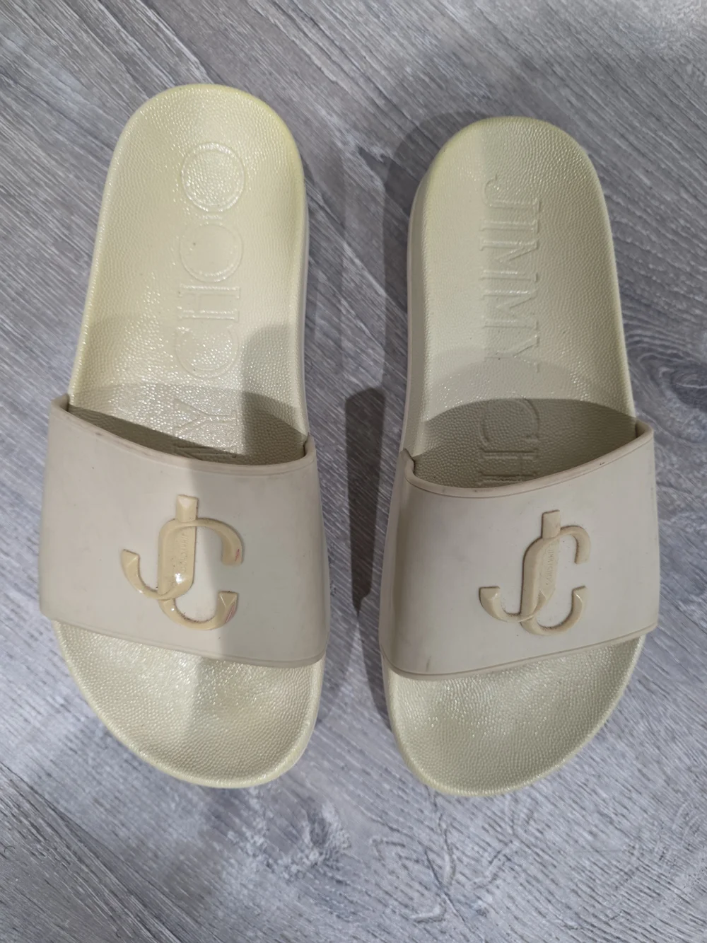 Jimmy Choo White Embossed Logo Slide Sandals Size 7